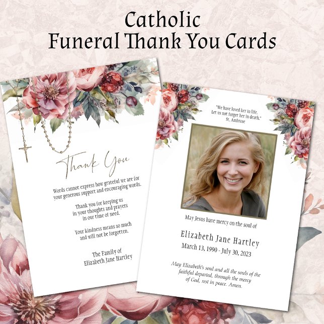  Floral Rosary Photo  Funeral Condolence Sympathy Thank You Card (Easy to personalize Catholic Funeral Thank you Cards)