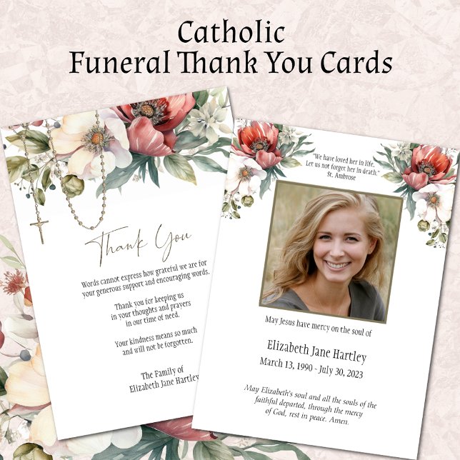  Floral Rosary Photo  Funeral Condolence Sympathy Thank You Card (Easy to Personalize Catholic Funeral Thank You Cards)