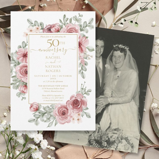 Floral Rose 50th Golden Anniversary Wedding Photo  Invitation (Floral Rose 50th Golden Anniversary Wedding Photo Invitation)