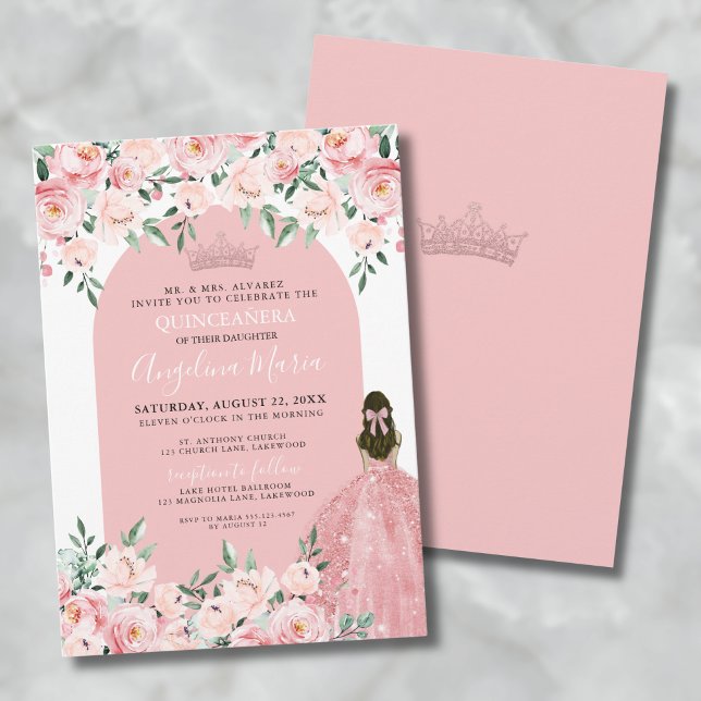 Floral Rose Blush Pink Quinceanera  Invitation (15th Birthday Pink Floral Quinceanera Invitation)