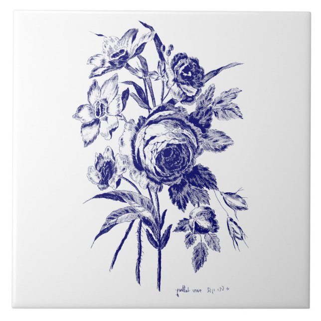 Floral Rose Bouquet Botanical Art Blue & White Ceramic Tile (Front)