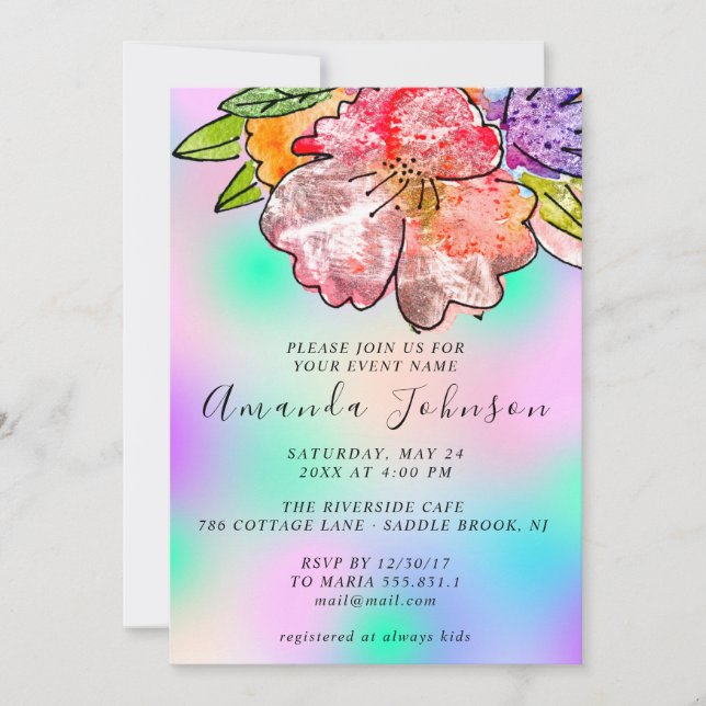 Floral Rose Bridal Shower Birthday Holograph Blue Invitation (Front)