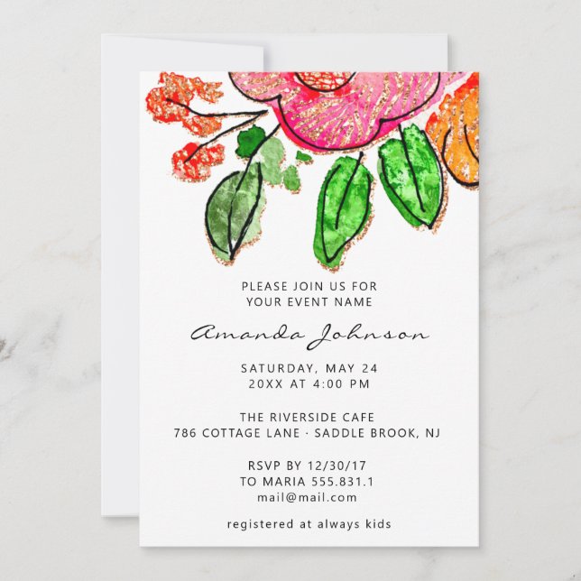 Floral  Rose  Bridal Shower Sweet 16th  Invitation (Front)