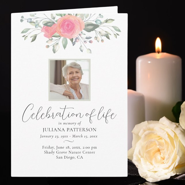 Floral Rose Celebration of Life Photos Funeral  Program (Creator Uploaded)