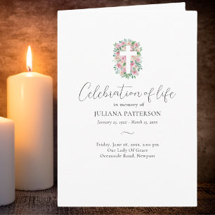 Floral Rose Cross Photo Funeral Order of Service Program