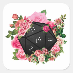 Floral Rose D20 Tabletop RPG Gaming Dice Square Sticker