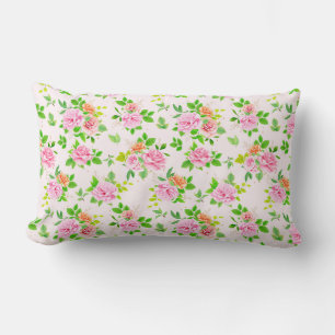 Floral Rose Flowers with Green Leaves Pattern  Lumbar Cushion
