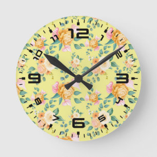 Floral Rose Flowers Yellow Background-2322 Round Clock