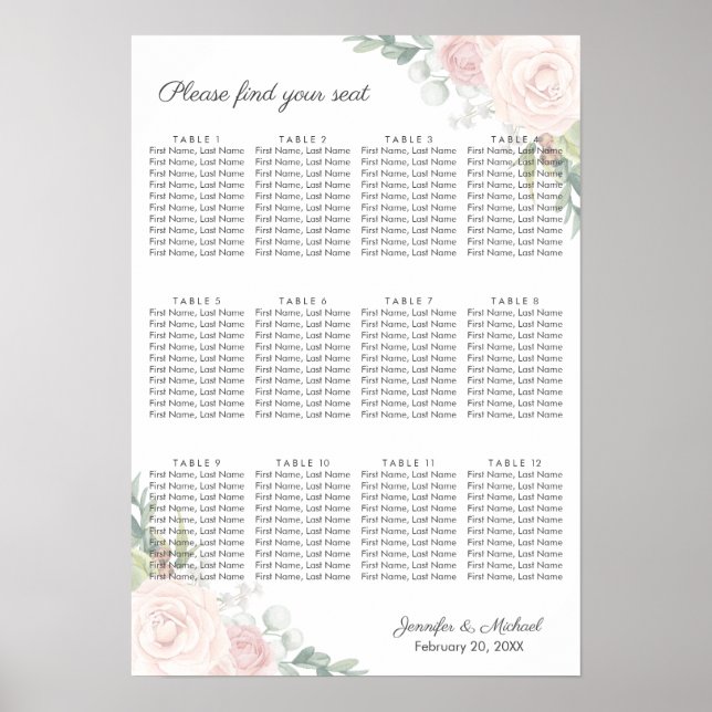 Floral Rose & Garden Greenery Seating Chart Poster (Front)