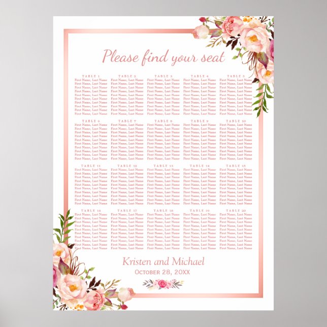 Floral Rose Gold | 20 Tables Wedding Seating Chart (Front)