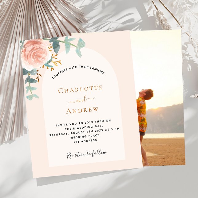 Floral rose gold arch photo wedding invitation (Creator Uploaded)