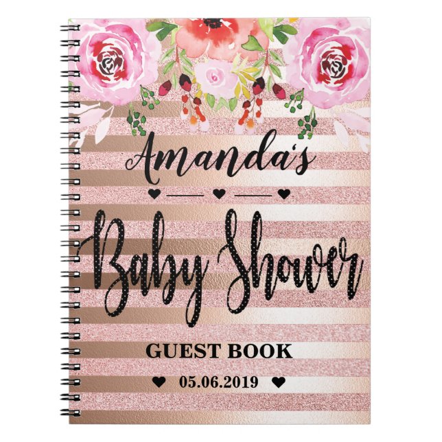 Floral Rose Gold Baby Shower Guestbook I Notebook (Front)