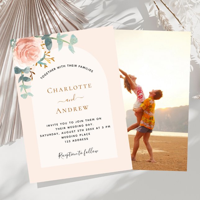 Floral rose gold blush arch photo wedding invitation (Creator Uploaded)