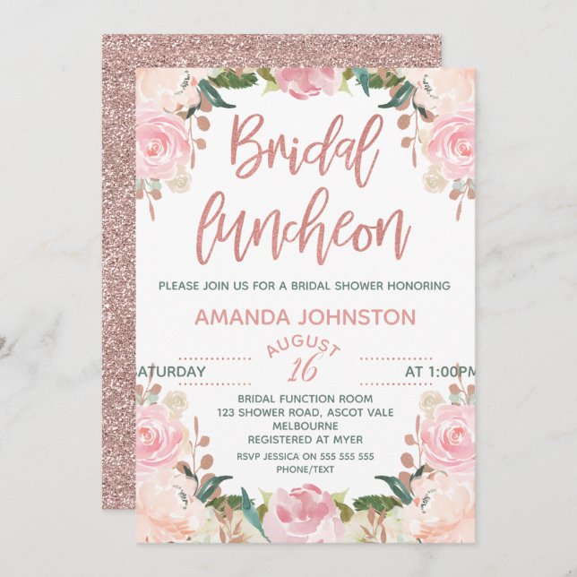Floral Rose Gold Bridal Luncheon Invitations (Front/Back)