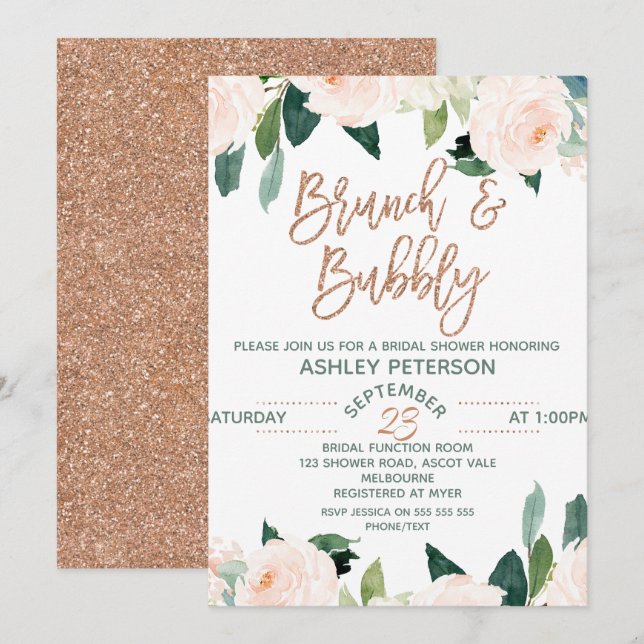 Floral Rose Gold Brunch Bubbly Bridal Invitation (Front/Back)