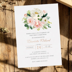 Floral Rose Gold Cross Girls First Communion