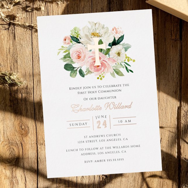 Floral Rose Gold Cross Girls First Communion  (Creator Uploaded)