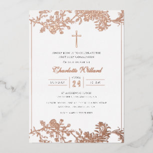 Floral Rose Gold Cross Girls First Communion  Foil