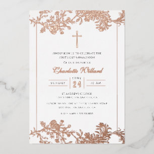 Floral Rose Gold Cross Girls First Communion  Foil