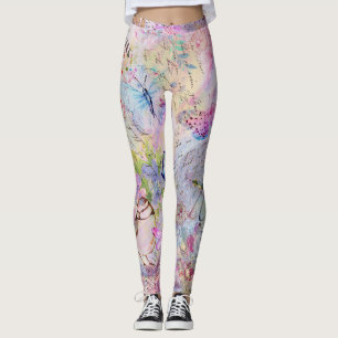 Floral Rose Gold Decoupage Birds Butterfly Script Leggings