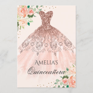 Floral Rose Gold Dress Sparkle Quinceanera Invitation