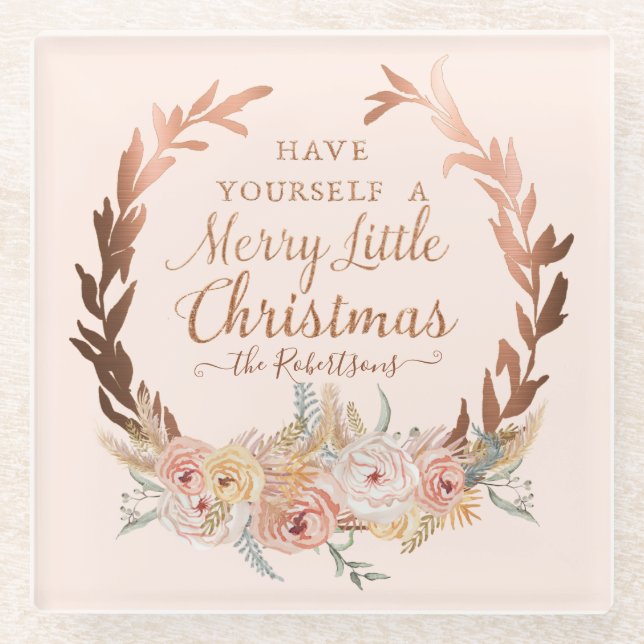 Floral Rose Gold Elegant Christmas Blush Glitter Glass Coaster (Front)