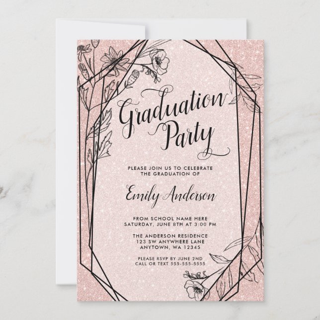Floral Rose Gold Faux Glitter Graduation Party Invitation (Front)