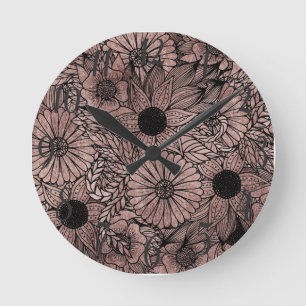 Floral Rose Gold Flowers and Leaves Drawing Black Round Clock
