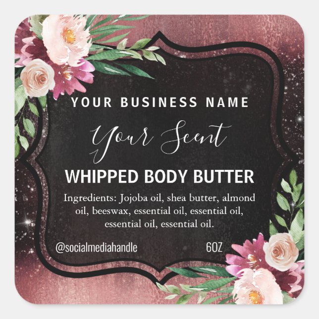  Floral Rose Gold Frame Body Butter Labels (Front)