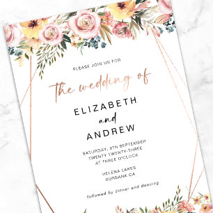 Floral Rose Gold Geometric Frame Wedding Invitation