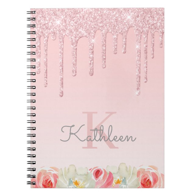 Floral Rose Gold Glitter Drips Ombre Monogram Notebook (Front)