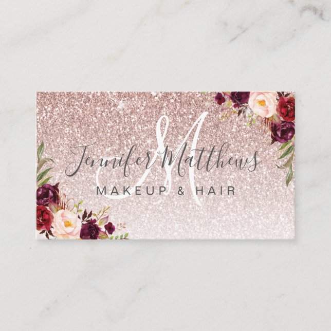 Floral Rose Gold Glitter Makeup Artist Hair Salon Business Card (Front)
