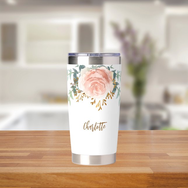 Floral rose gold greenery gold name insulated tumbler (Creator Uploaded)
