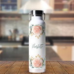 Floral rose gold greenery gold name water bottle<br><div class="desc">A chic white background. Decorated with rose gold and blush pink florals,  flowers (roses)and green watercolored eucalyptus leaves,  sprigs,  greenery and faux gold sprigs. Personalise and add a name.  The name is written with a modern hand lettered style script.</div>