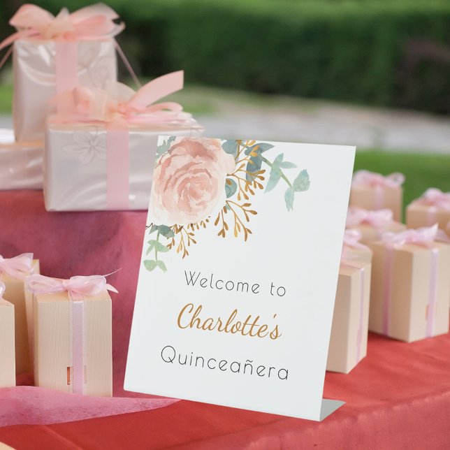 Floral rose gold greenery Quinceanera welcome Pedestal Sign (Creator Uploaded)