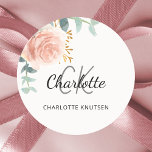 Floral rose gold greenery thank you classic round sticker<br><div class="desc">White background. Decorated with a watercolored rose gold and blush pink floral,  rose,  eucalyptus leaves,  sprigs,  greenery,  faux gold leaves.  Personalise and add your first name,  monogram initials and full name. Perfect for birthday favours,  a bridal shower or baby shower.</div>