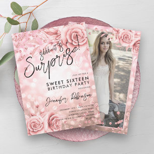 Floral Rose Gold Lights Photo Surprise Sweet 16 Invitation