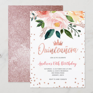 Floral Rose Gold Mexican Quinceañera Birthday Invitation