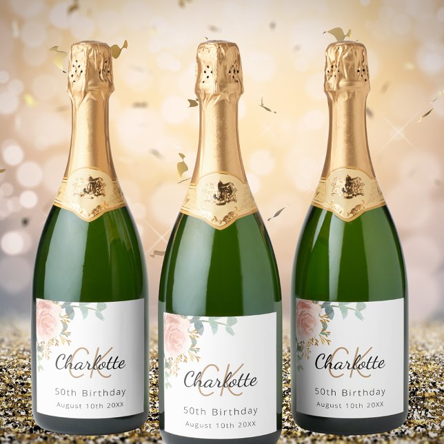 Floral rose gold monogram birthday party sparkling wine label (Creator Uploaded)