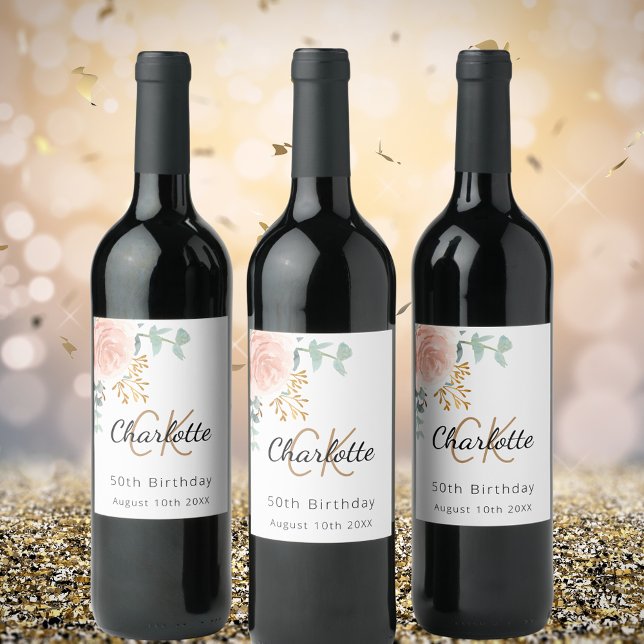 Floral rose gold monogram birthday party wine label (Creator Uploaded)