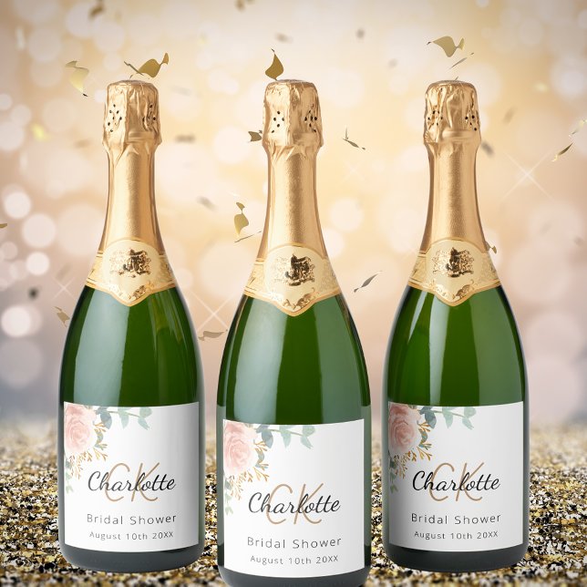Floral rose gold monogram bridal shower sparkling wine label (Creator Uploaded)
