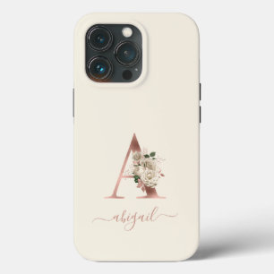 Floral Rose Gold Monogram Letter "A" Ivory iPhone 13 Pro Case