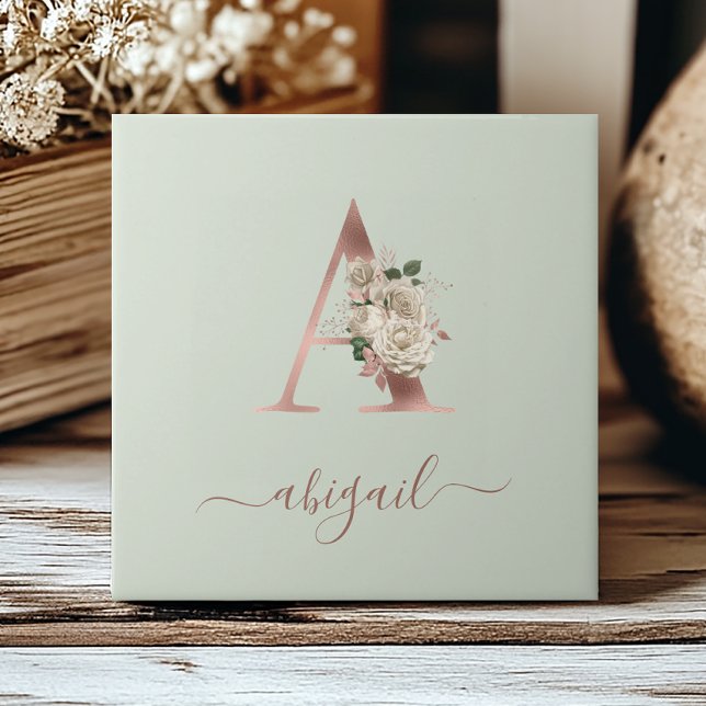 Floral Rose Gold Monogram Letter "A" sage green Ceramic Tile (Creator Uploaded)