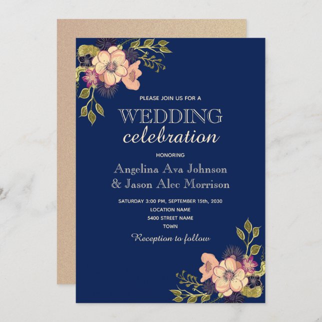 Floral Rose Gold Navy Wedding Invitation (Front/Back)