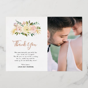 Floral Rose Gold Photo Wedding Thank You Card