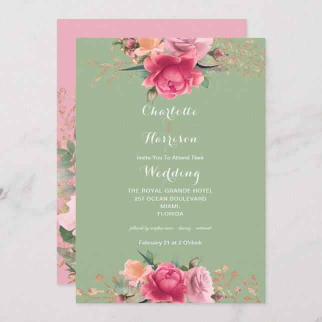 Floral Rose Gold Pink Green Roses Luxury Wedding Invitation (Front/Back)