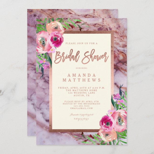 Floral Rose Gold Pink Marble Wedding Bridal Shower Invitation (Front/Back)