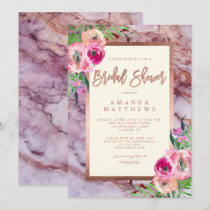 Floral Rose Gold Pink Marble Wedding Bridal Shower Invitation