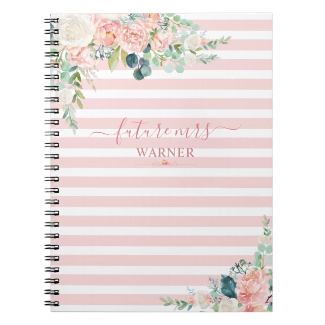 Floral Rose Gold Pink Stripe Script Future Mrs Notebook (Front)