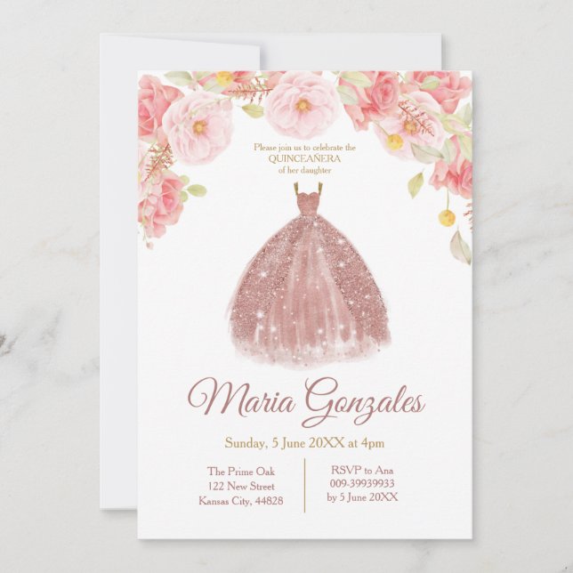 Floral Rose Gold Princess Quinceanera Invitation (Front)